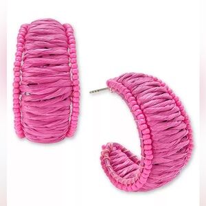On 34th Silver-Tone Pink Color Raffia C-Hoop Earrings, 1.25", Created for Macy's